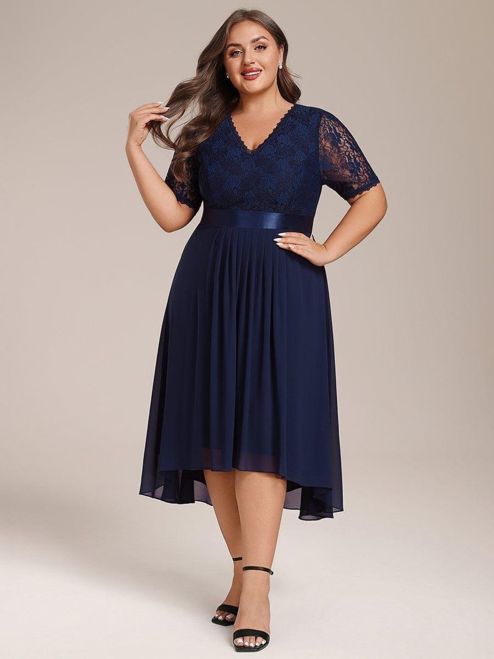 Navy Lace V-Neck Midi Dress - Classic Women's Evening Dress